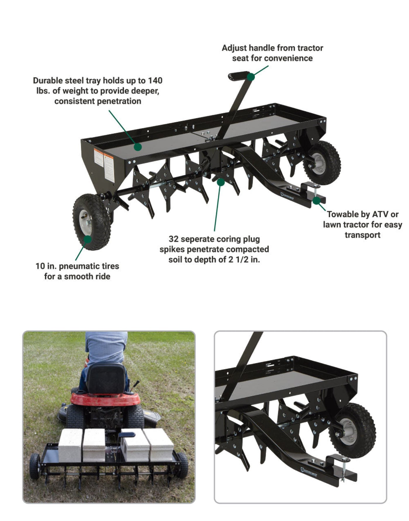 Strongway Tow Behind Plug Lawn Aerator 48 In. 32 Coring Plugs&nbsp; - 49167