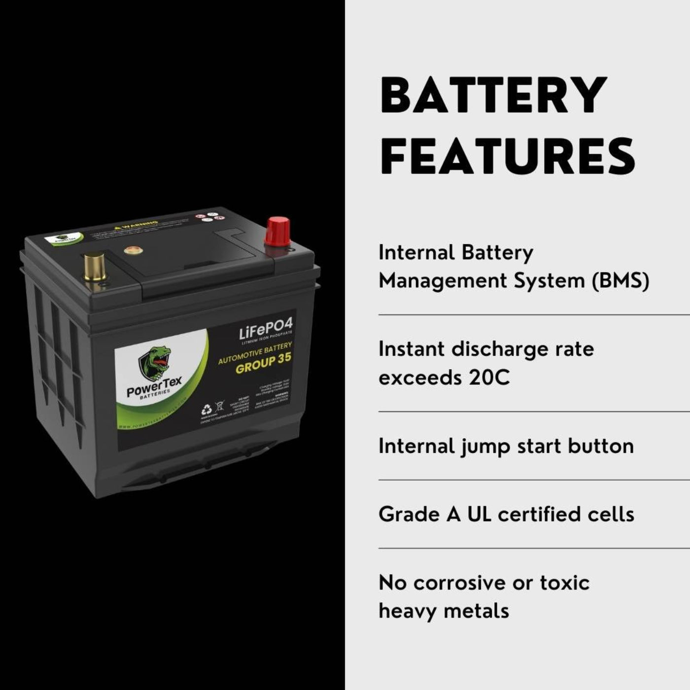 PowerTex 2015 Nissan Sentra Car Battery BCI Group 35 / Q85 Lithium LiFePO4 Automotive Battery - PTLG35-276