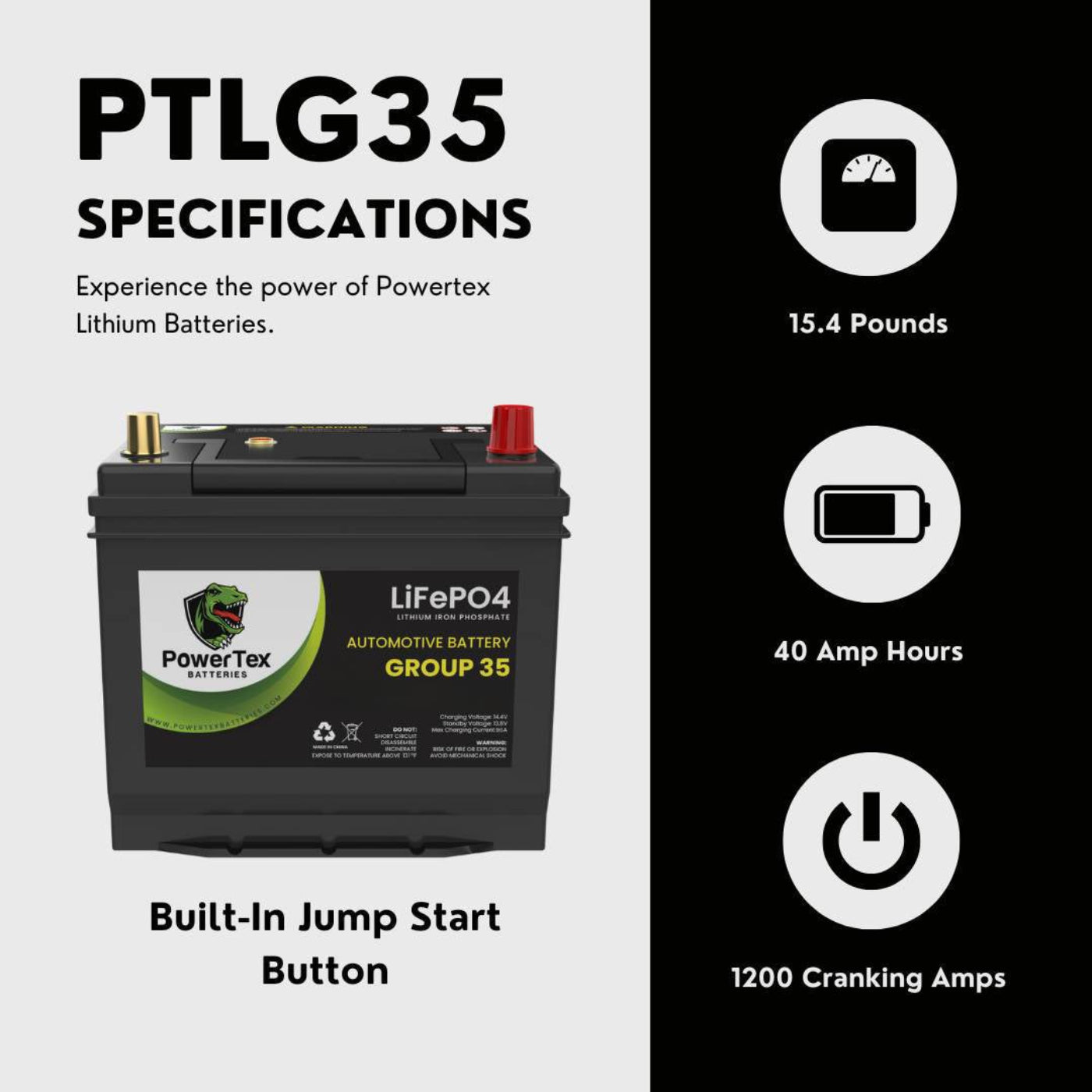 PowerTex 2016 Infiniti QX70 Car Battery BCI Group 35 / Q85 Lithium LiFePO4 Automotive Battery - PTLG35-40