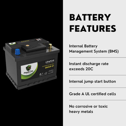 PowerTex 2022 Chevrolet Aveo L4 1.5LReplacement Car Battery BCI Group 47 Lithium LiFePO4 Automotive Powertex Battery - PTLG47-016