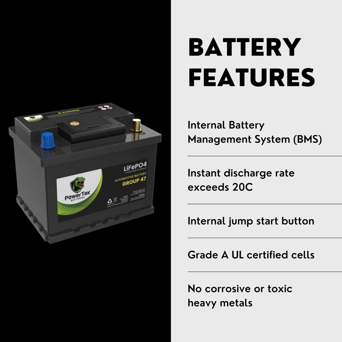 PowerTex 2013 Mini Cooper Countryman Car Battery BCI Group 47 H5 Lithium LiFePO4 Replacement Automotive Battery - PTLG47-453