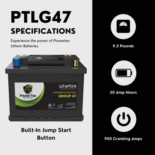 PowerTex 2006 Mini Cooper Car Battery BCI Group 47 H5 Lithium LiFePO4 Replacement Automotive Battery - PTLG47-463