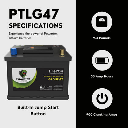 PowerTex 2023 Volkswagen Atlas V6 3.6LReplacement Car Battery BCI Group 47 Lithium LiFePO4 Automotive Powertex Battery - PTLG47-0103