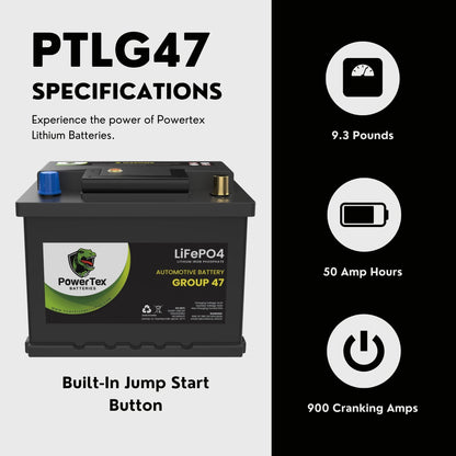 PowerTex 2003 Mini Cooper Car Battery BCI Group 47 H5 Lithium LiFePO4 Replacement Automotive Battery - PTLG47-466