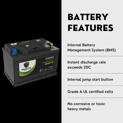 2023 Infiniti QX50 L4 2.0L Replacement Car Battery BCI Group 48 Lithium LiFePO4 Automotive Powertex Battery