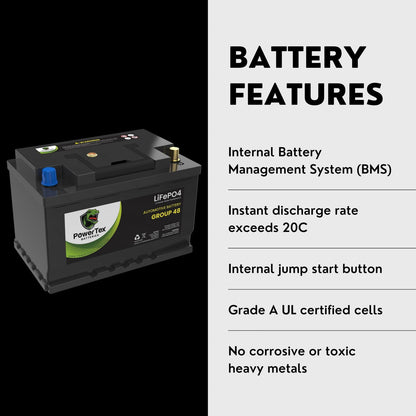 2023 Jeep Wrangler V6 3.0L Replacement Car Battery BCI Group 48 Lithium LiFePO4 Automotive Powertex Battery