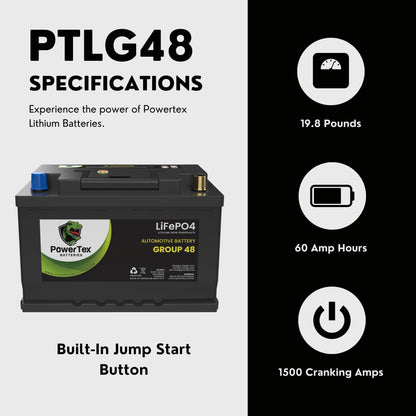 PowerTex 2012 Porsche Cayenne Car Battery BCI Group 48 / H6 Lithium LiFePO4 Replacement Automotive Battery - PTLG48-1666