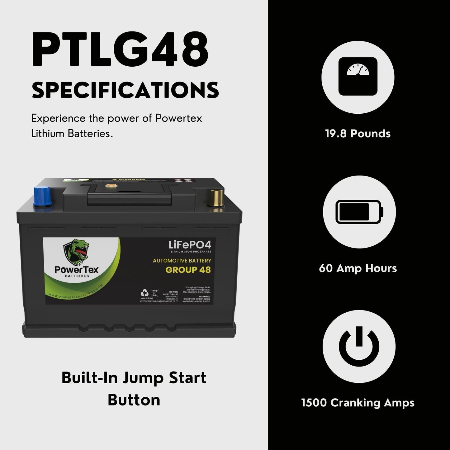 PowerTex 2020 Kia Stinger Car Battery BCI Group 48 / H6 Lithium LiFePO4 Replacement Automotive Battery - PTLG48-1100