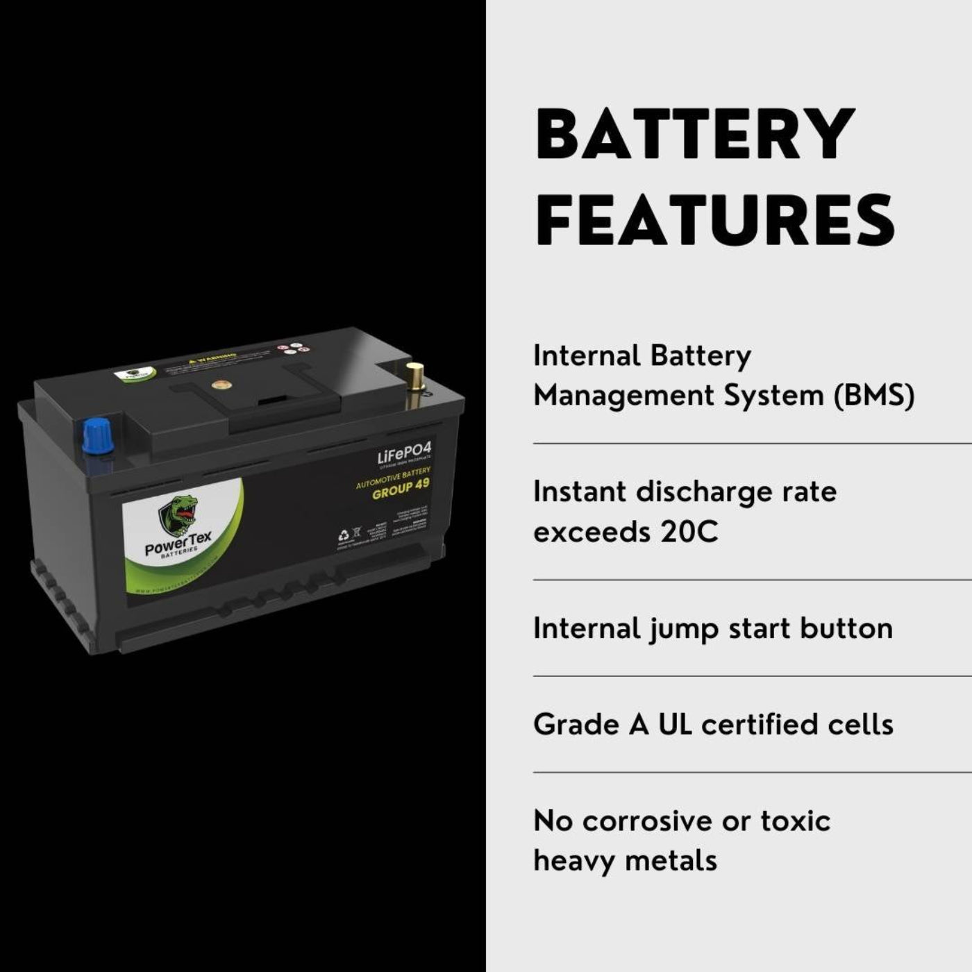 PowerTex 2022 Audi SQ5 V6 3.0LReplacement Car Battery BCI Group 49 Lithium LiFePO4 Automotive Powertex Battery - PTLG49-0212