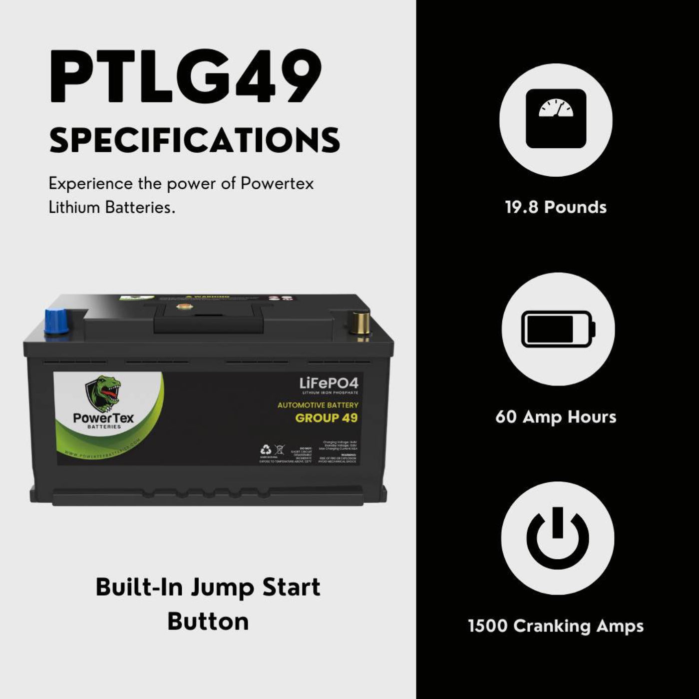 PowerTex 2022 Chevrolet Colorado L4 2.8LReplacement Car Battery BCI Group 49 Lithium LiFePO4 Automotive Powertex Battery - PTLG49-0129