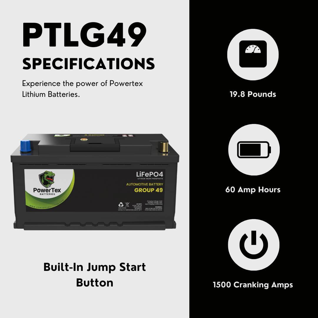 PowerTex 2022 Alfa Romeo Stelvio L4 2.0LReplacement Car Battery BCI Group 49 Lithium LiFePO4 Automotive Powertex Battery - PTLG49-0193