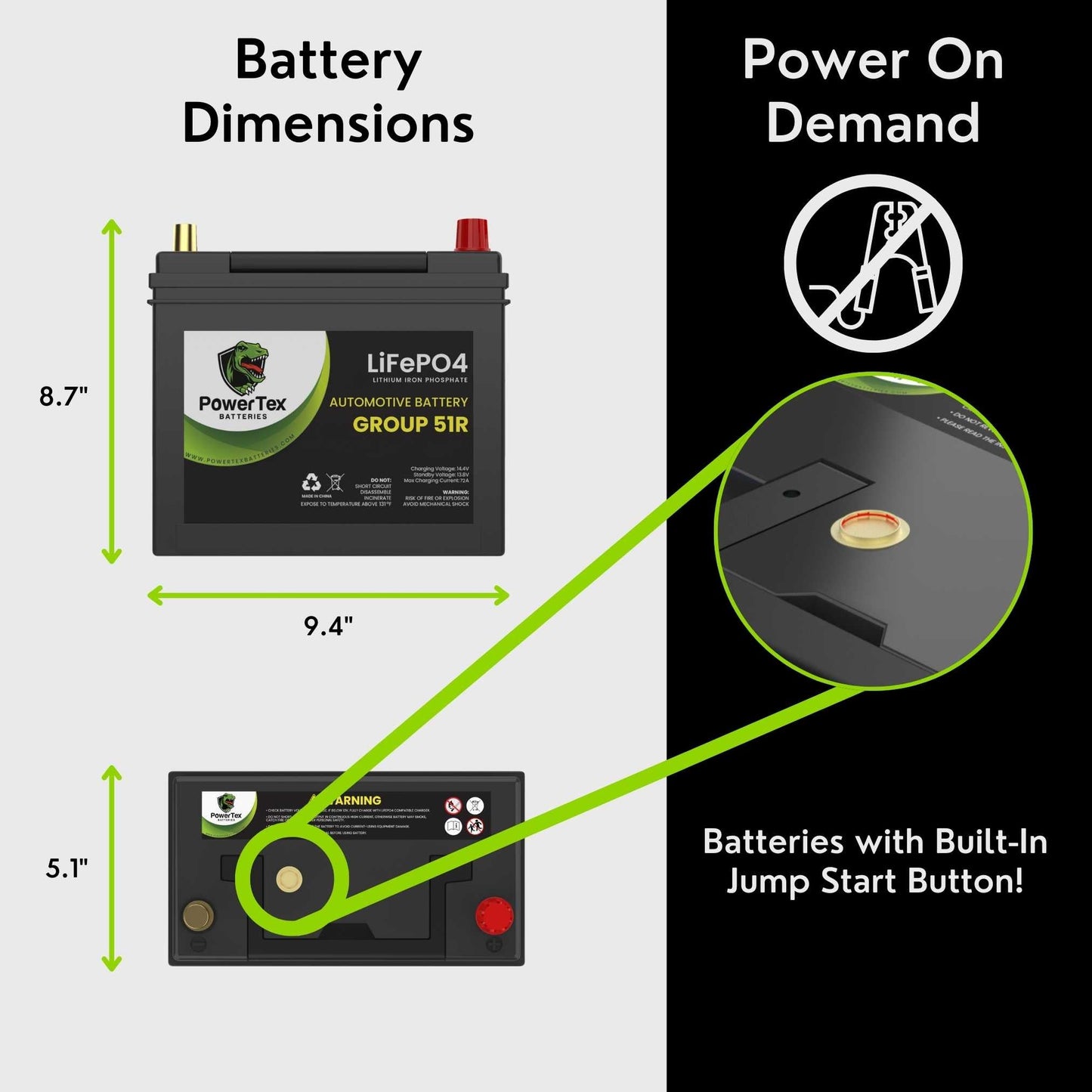 PowerTex 2021 Honda Clarity Car Battery BCI Group 51R Lithium LiFePO4 Replacement Automotive Battery - PTLG51R-31