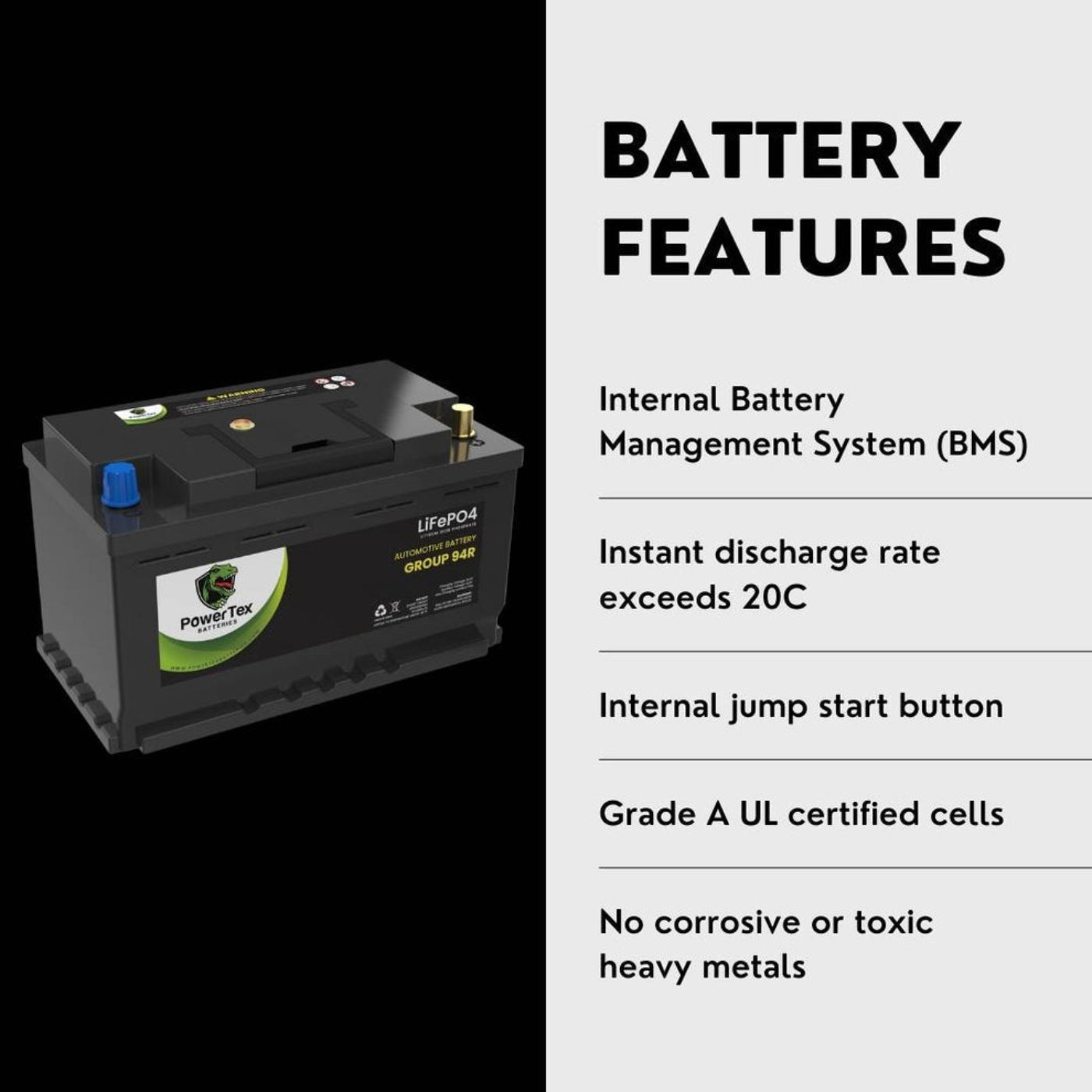 PowerTex 2024 Jeep Wrangler V6 3.6L Replacement Car Battery BCI Group 94R Lithium LiFePO4 Automotive Powertex Battery - PTLG94R-0274