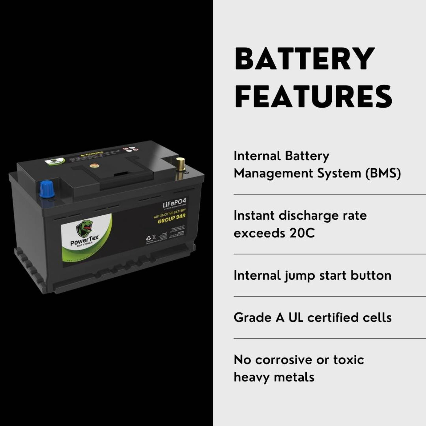 PowerTex 2008 Porsche Cayenne Car Battery BCI Group 94R / H7 Lithium LiFePO4 Automotive Battery - PTLG94R-1168