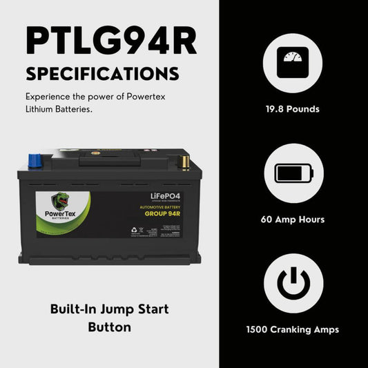 PowerTex 2023 Lexus LX600 V6 3.5L Replacement Car Battery BCI Group 94R Lithium LiFePO - PTLG94R-02844 - PTLG94R-0284 Automotive Powertex Battery